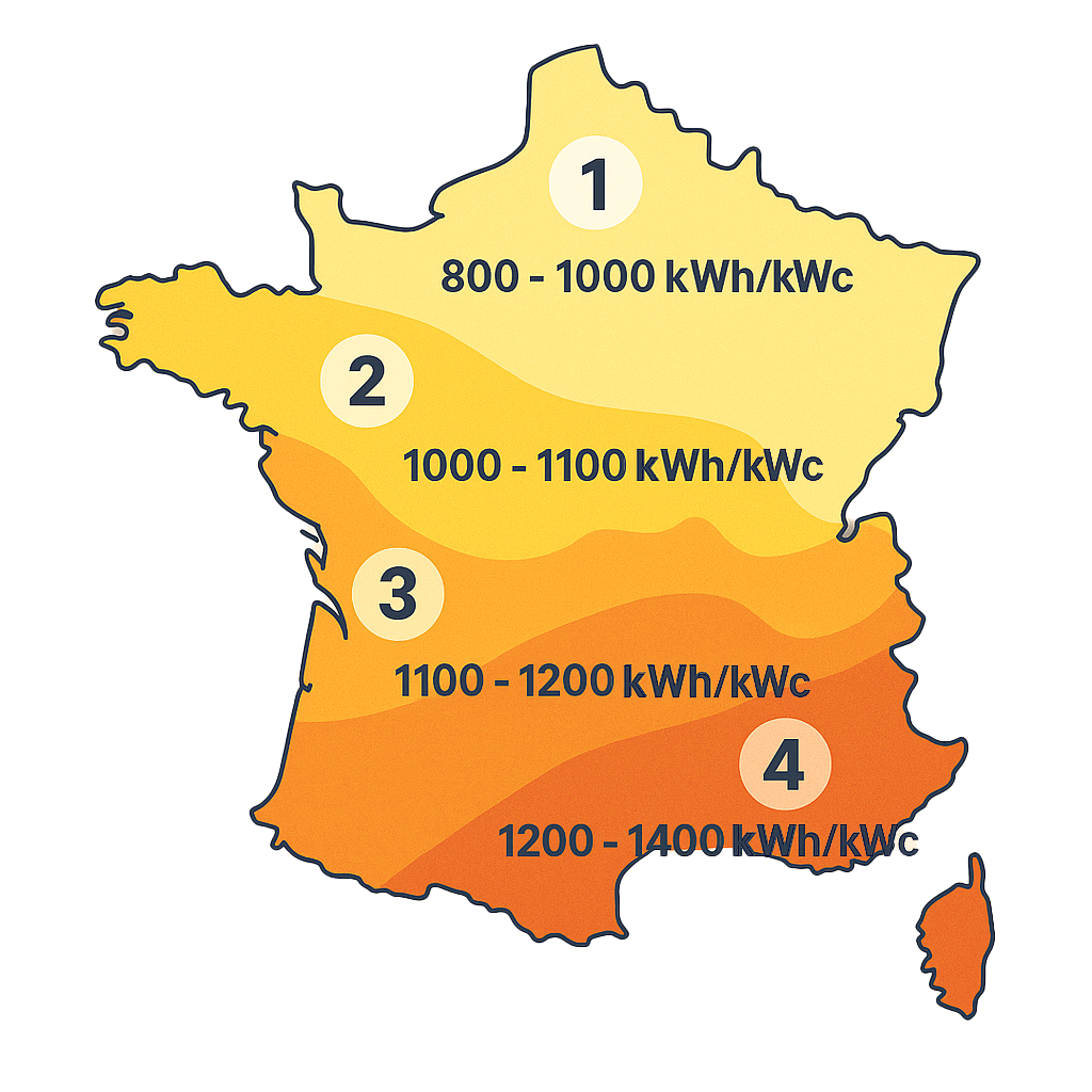 productions de 3 panneaux solaire de 1kWc selon la région en France